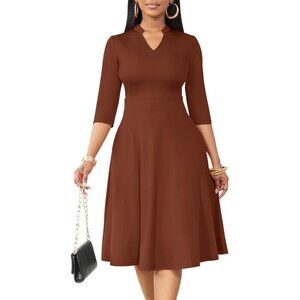 Women Rust Red 3/4 Sleeve Semi Formal Fit and Flare A-line Dress With Pockets